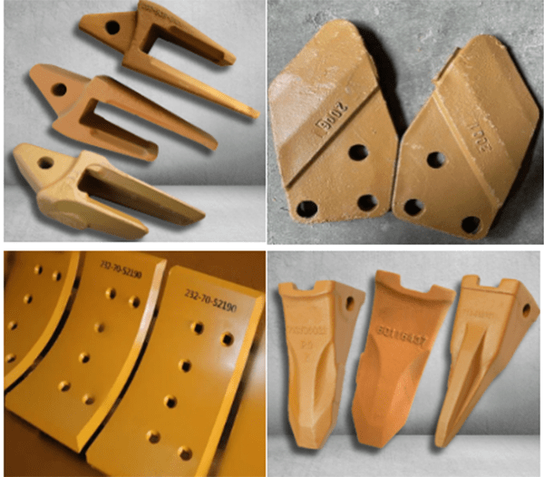 various types of wear parts for excavators including bucket teeth, blades, etc